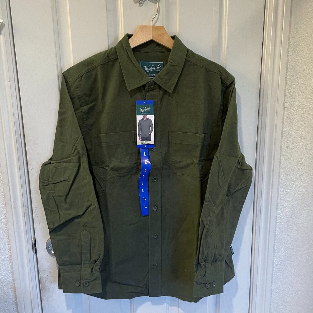 WOOLRICH Chamois Men 100% Brushed Cotton Button Up Long Sleeve Shirt Green L NEW - Picture 5 of 11